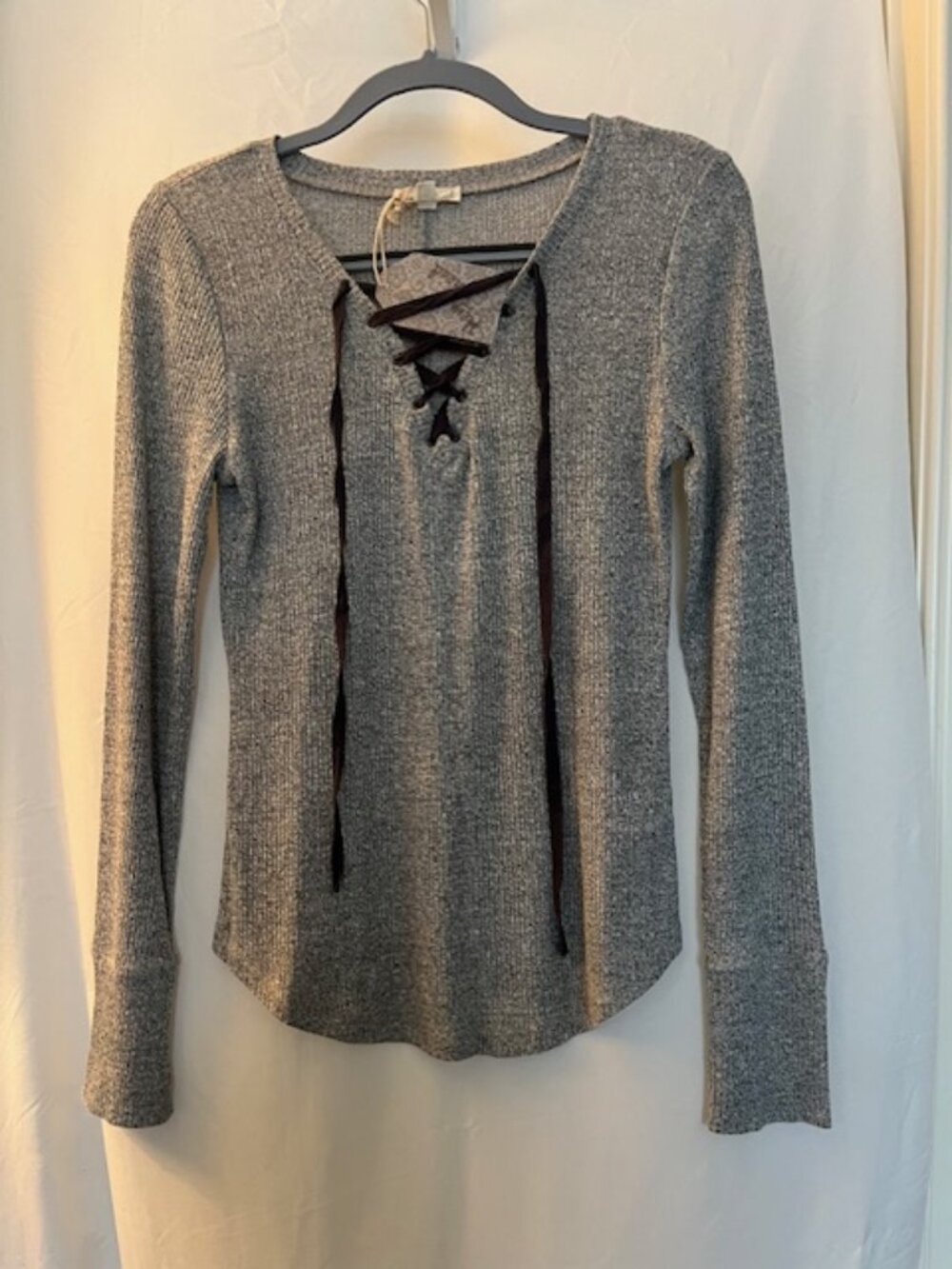 Hem & Thread Washed  Lace up Trim Rib Top